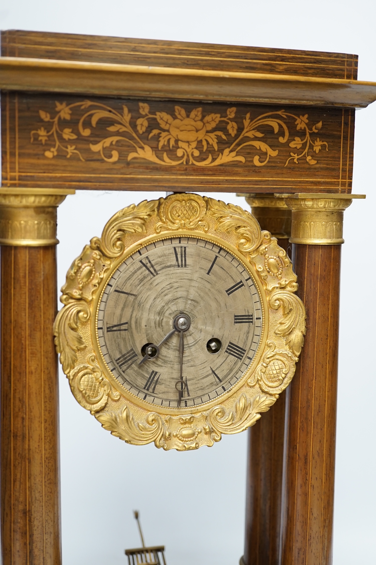 A 19th century French rosewood and marquetry inlaid Portico clock, 46cm high. Condition - good, but untested as working